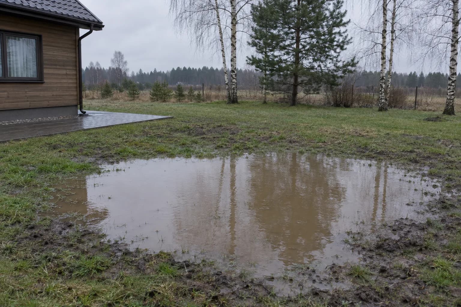 Po lietaus vejoje telkšo didelė bala šalia namo ir tako