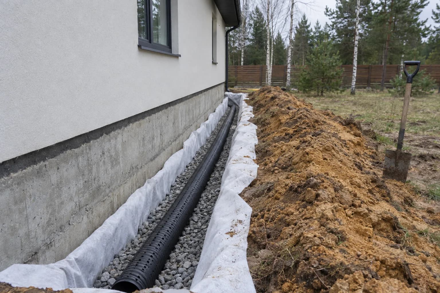 Atkasta tranšėja prie namo pamato su juodu perforuotu vamzdžiu ant žvyro ir geotekstile