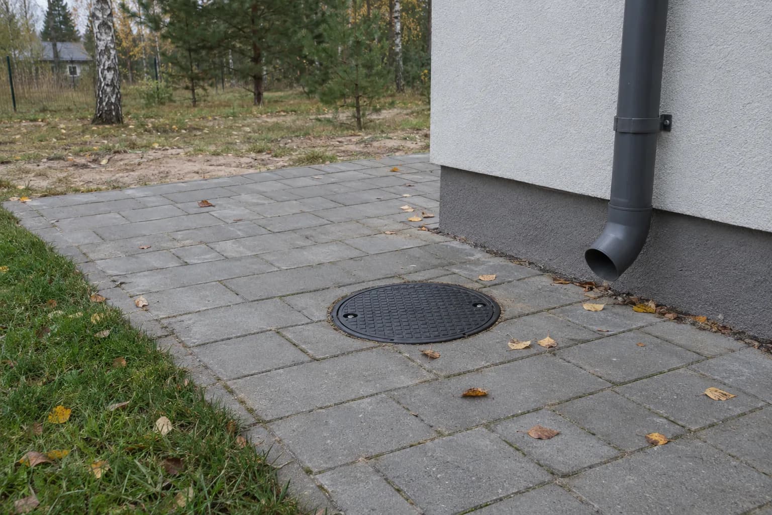 Juodas drenažo kontrolinio šulinio dangtis trinkelėmis grįstame kieme šalia namo sienos