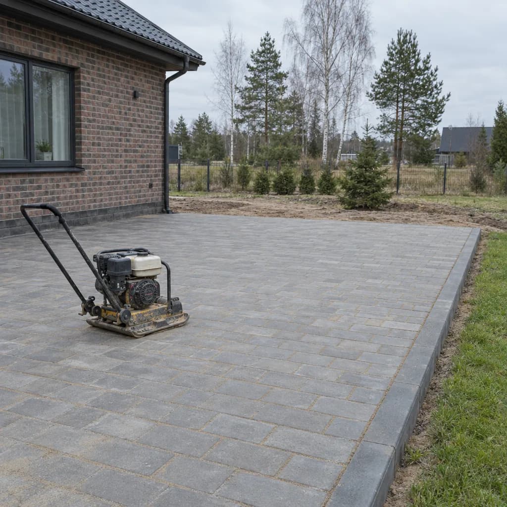Šviežiai paklotos pilkos betoninės trinkelės prie plytų namo, šalia guli vibracinė plokštė