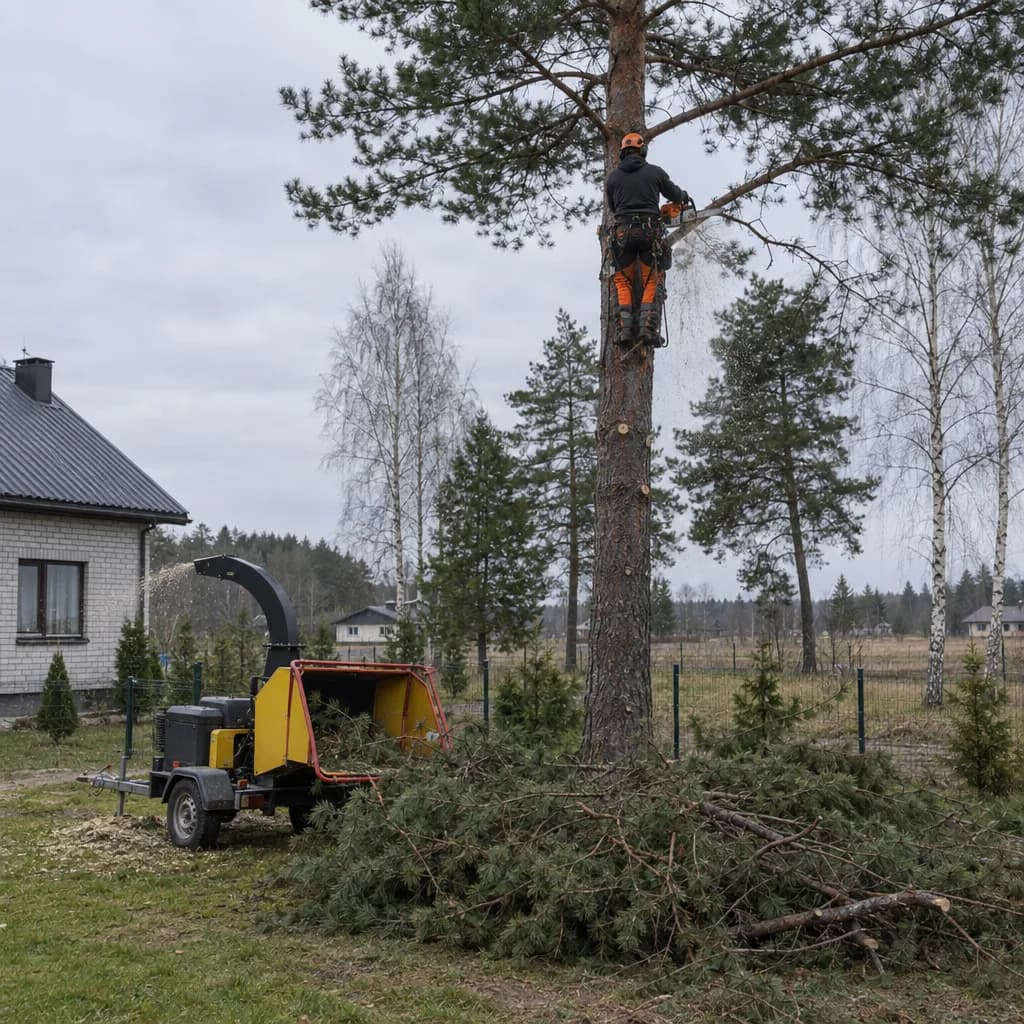 Darbininkas šalia aukštos pušies sklypo pakraštyje, šalia šakų krūva ir smulkintuvas