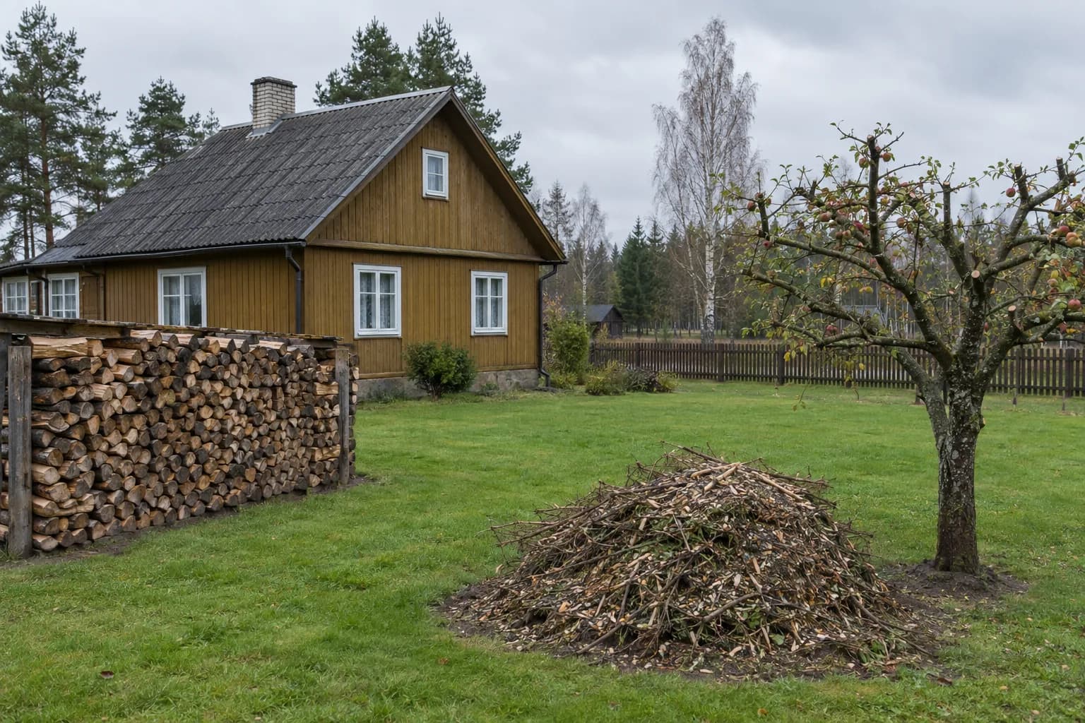 Sutvarkytas medinio namo kiemas: sukrauti malkų rąstai, šakų krūva ir apgenėtas obuolys