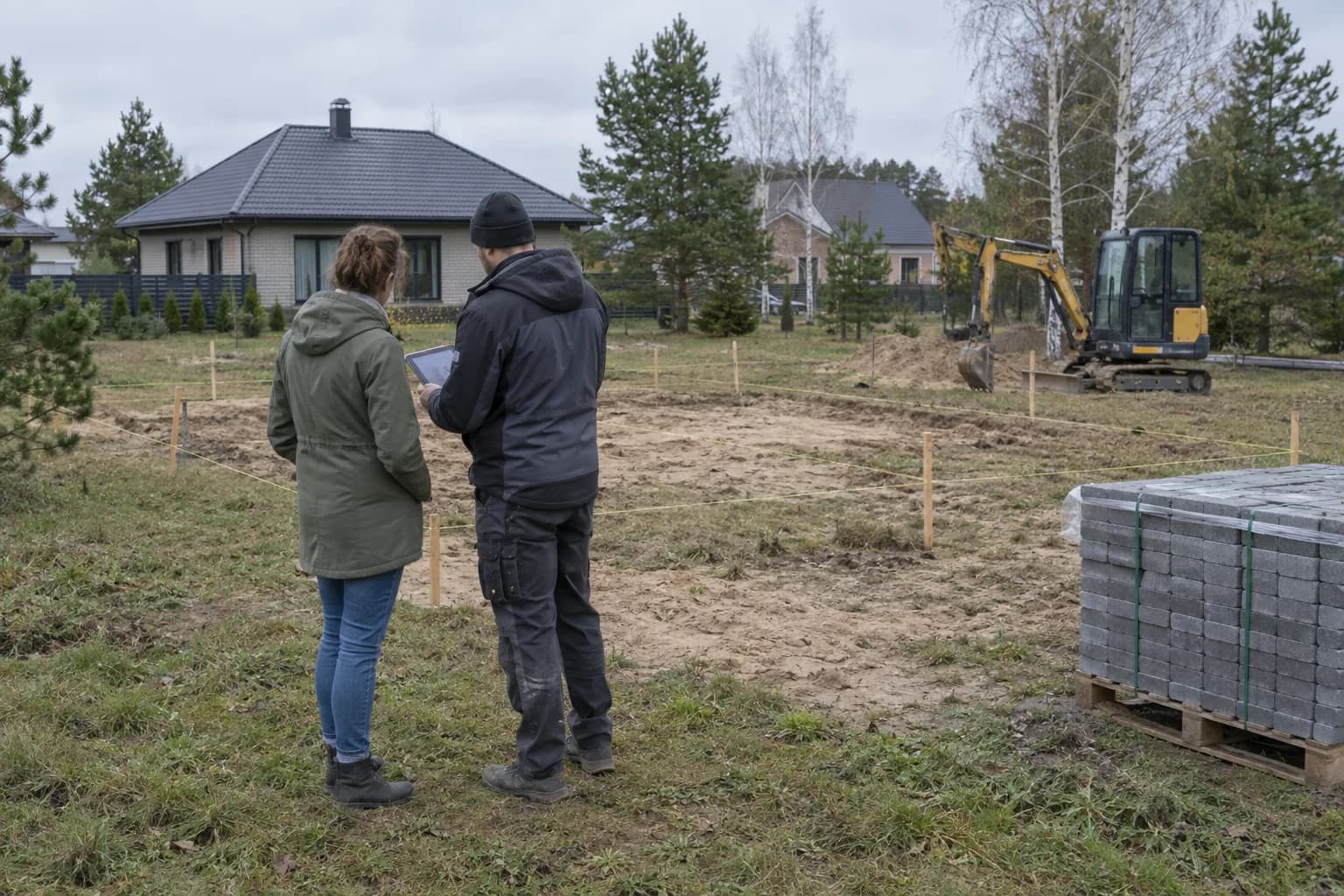 Namo savininkė ir meistras apžiūri sužymėtą sklypo plotą, fone mini ekskavatorius ir padėklas trinkelių