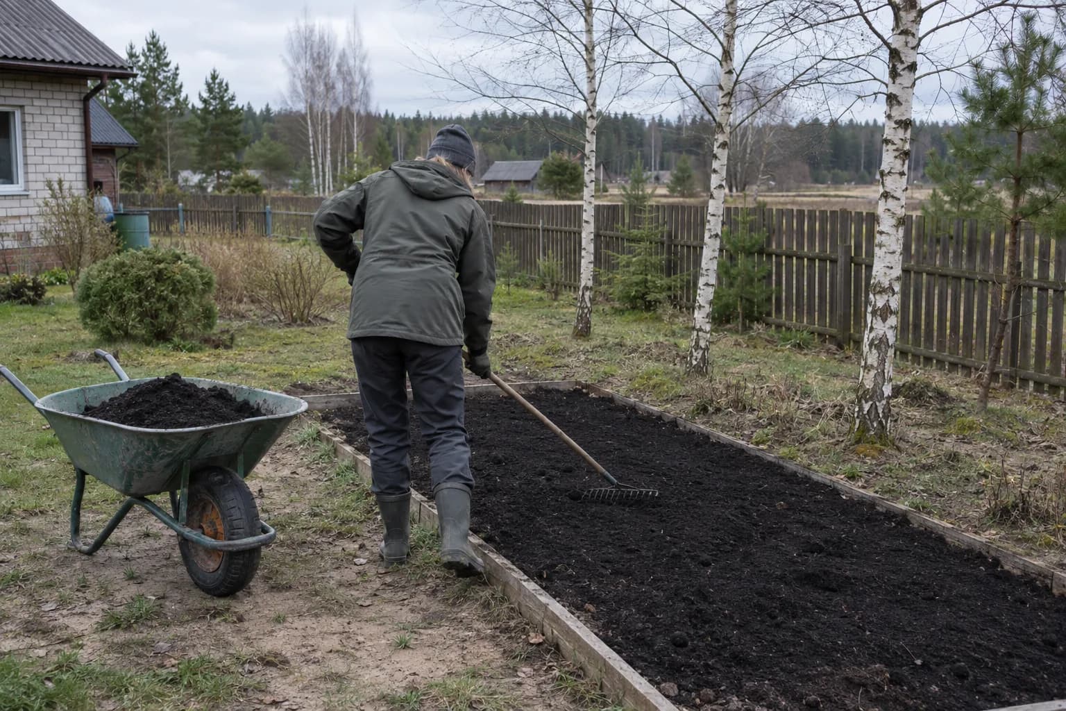 Žmogus grėbliu paskleidžia tamsų juodžemį ant daržo lysvės namo kieme, šalia stovi karutis su žeme