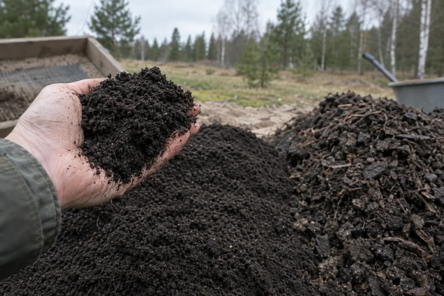 Sijoto juodžemio sauja virš tokios pat žemės krūvos, šalia stambesnė nesijota žemė