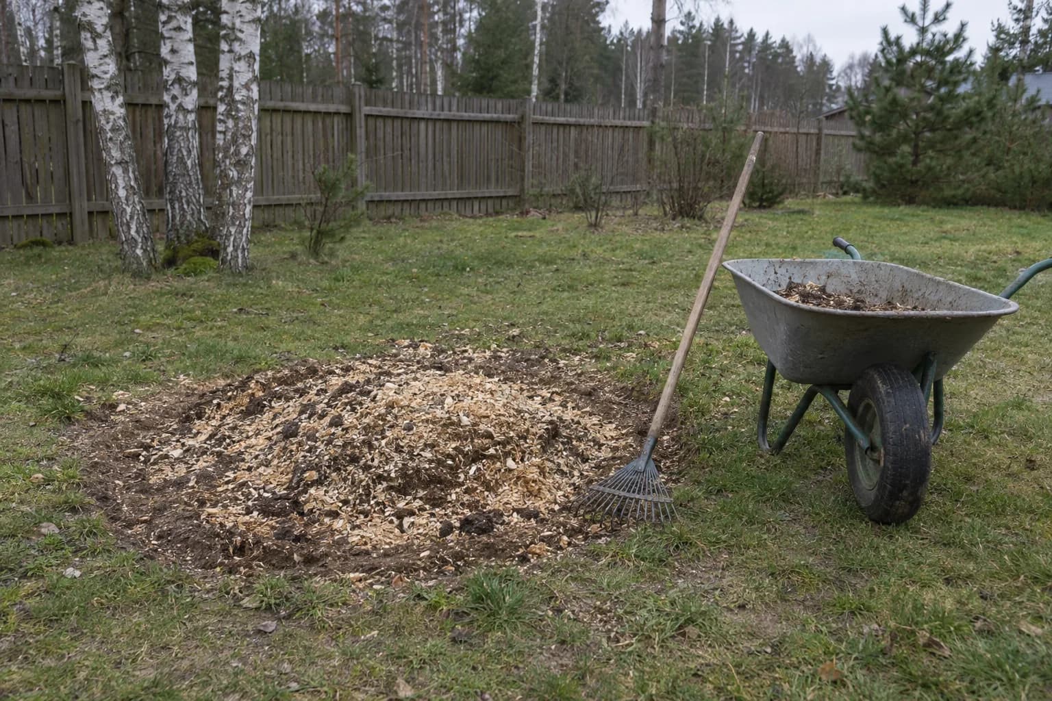 Vejos plotas, kuriame buvo kelmas, dabar pilnas šviesių medžio drožlių, šalia pasirėmęs grėblys ir sodo vežimėlis