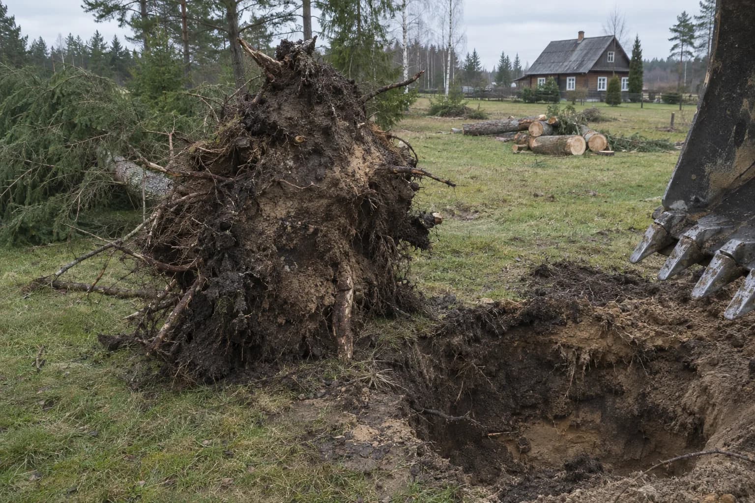 Iš žemės ištrauktas eglės kelmas su šaknų gumulu, šalia gili duobė, kadro kraštuose matyti ekskavatoriaus kaušo dantys