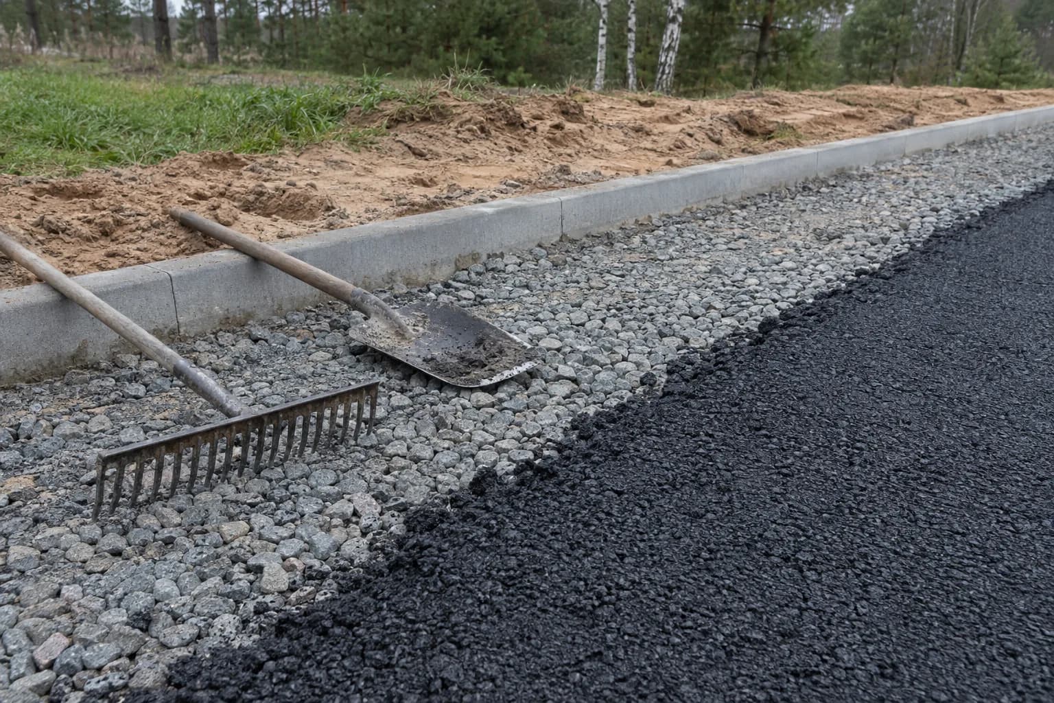 Šviežio tamsaus asfalto kraštas prie sutankinto skaldos pagrindo ir betoninio bortelio
