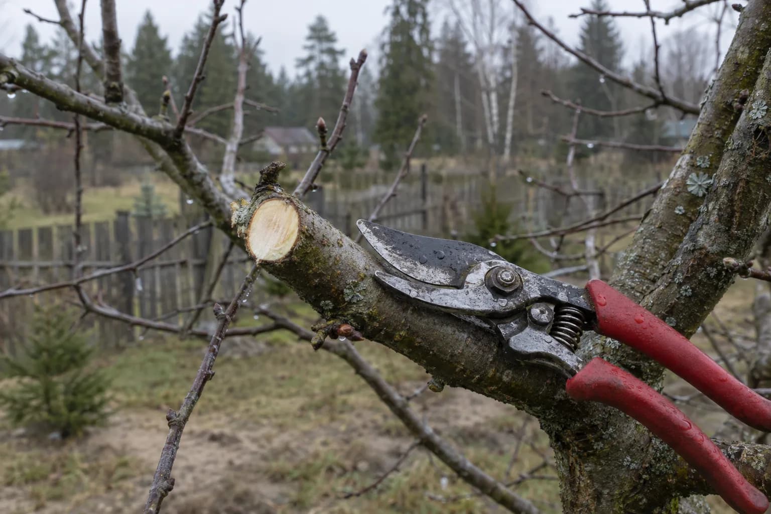 Šviežiai nupjauta obels šaka, ant jos pjautuvas su raudonomis rankenomis, sodo tvora fone