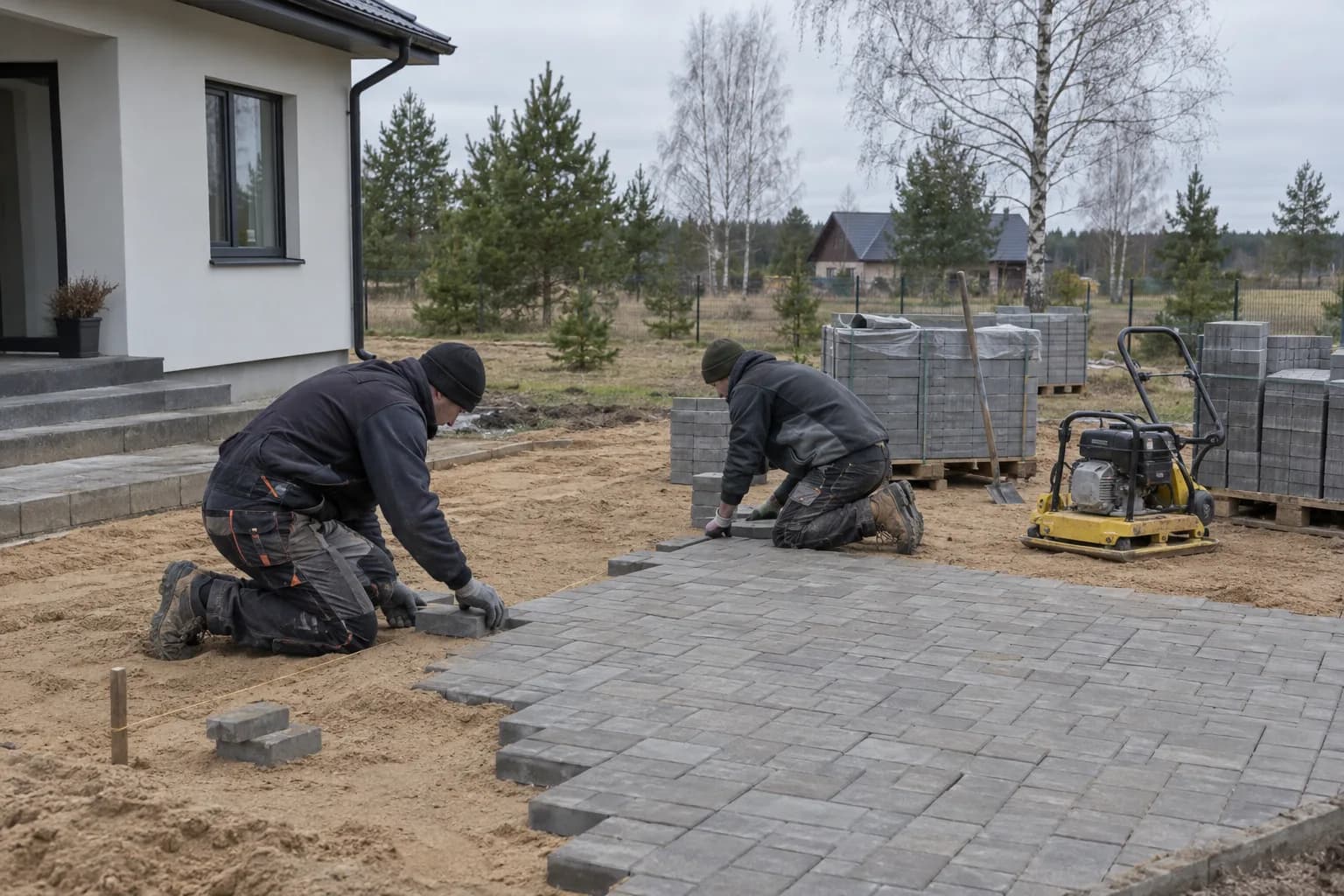 Du darbininkai klojo pilkas betonines trinkeles ant smėlio pagrindo prie gyvenamojo namo