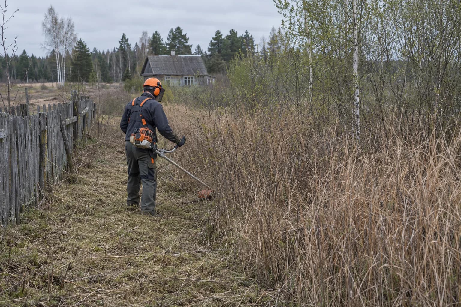 Darbininkas su krūmapjove kerta aukštą žolę apleistame sklype