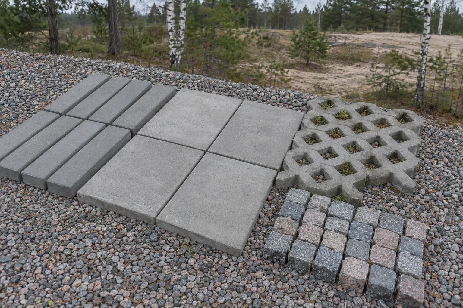 Skirtingų rūšių betoninių ir granito trinkelių pavyzdžiai ant žvyro