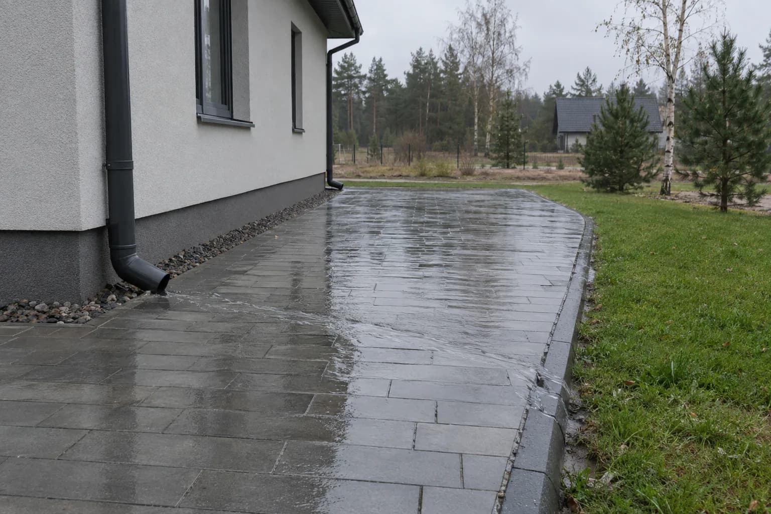 Po lietaus vanduo teka nuo namo sienos trinkelių danga link vejos