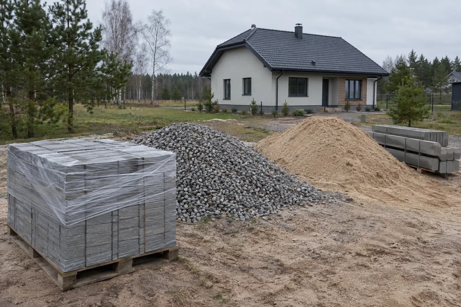 Pakuotė pilkų betoninių trinkelių, skaldos ir smėlio krūvos bei bortai namo kieme