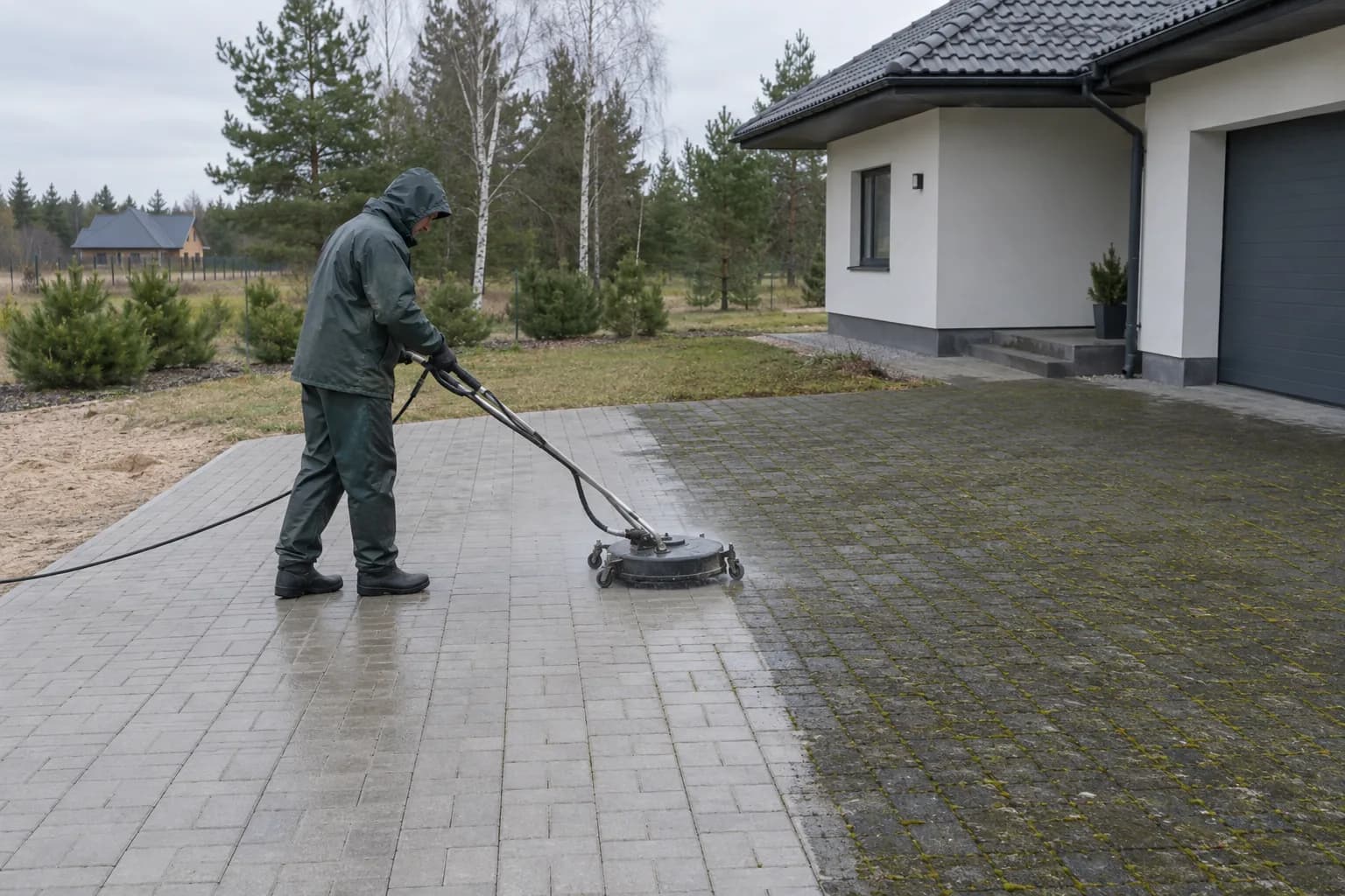Darbininkas nuvalo betoninių trinkelių įvažiavimą slėginiu įrenginiu, pusė dangos jau šviesi