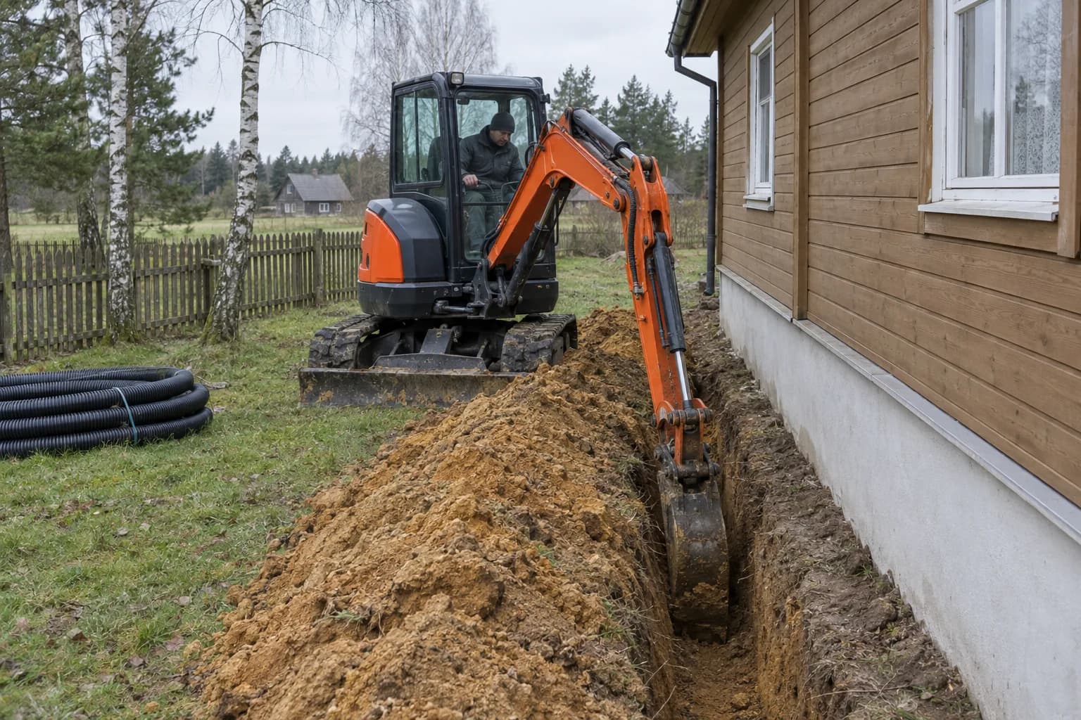 Mini ekskavatorius kasa siaurą tranšėją prie medinio namo sienos, šalia iškastas gruntas ir suvyniotas vamzdis